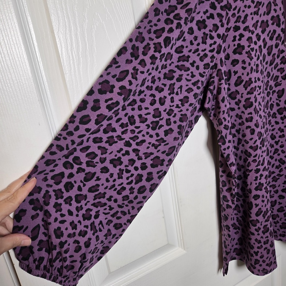 Belle Kim Gravel XL purple cheetah‎ tunic top faux leather trim casual bold fun - Picture 3 of 10